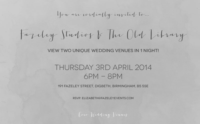 Coco Wedding Venues - Fazeley Studios & The Old Library Open Evening Invitation.