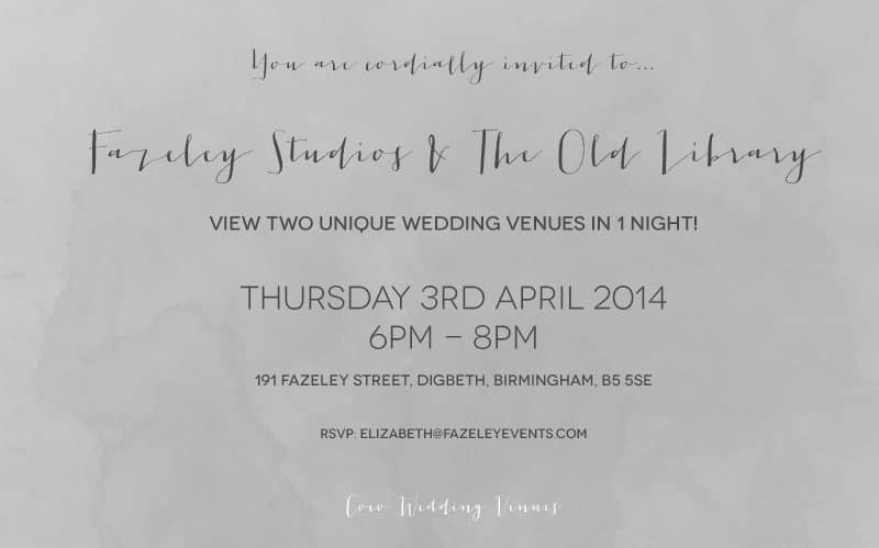 Coco Wedding Venues - Fazeley Studios & The Old Library Open Evening Invitation.