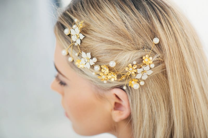 Brooke dainty hand-painted enamel flower crystal gold hair vine by Klaire Van Elton - £90.